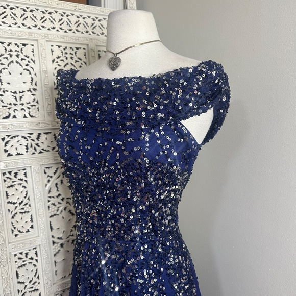 Goddiva London Navy Blue Off Shoulder Sequin Fairycore Formal Event Prom Dress - Picture 2 of 9